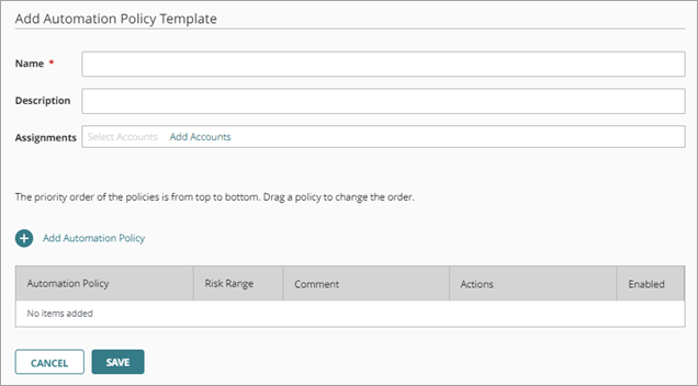 Screen shot of the Add Automation Policy Template page for Service Providers