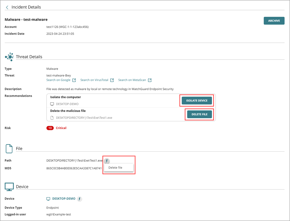 Screenshot of the actions you can perform from the Incident Details page: isolate device, kill process, delete file