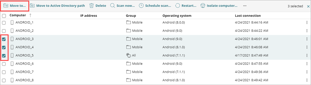 Screen shot of WatchGuard Endpoint Security, Computers, Move to toolbar option