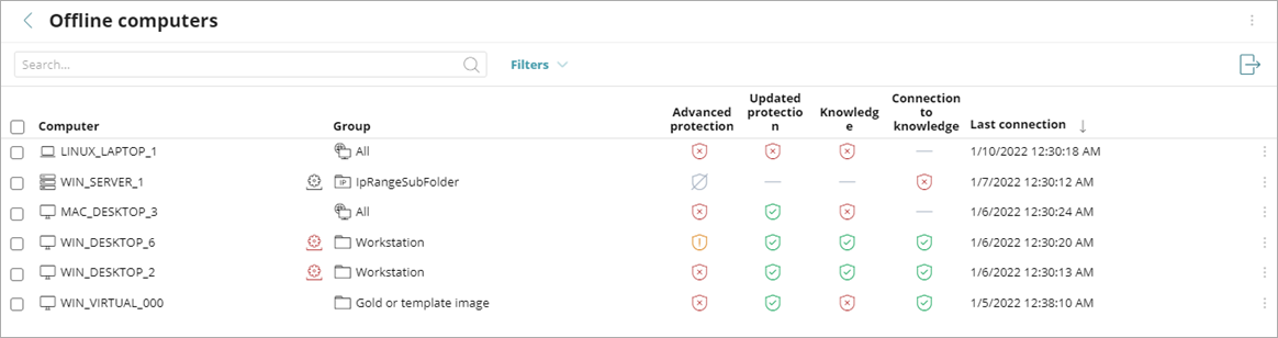 Screen shot of the Offline Computers list