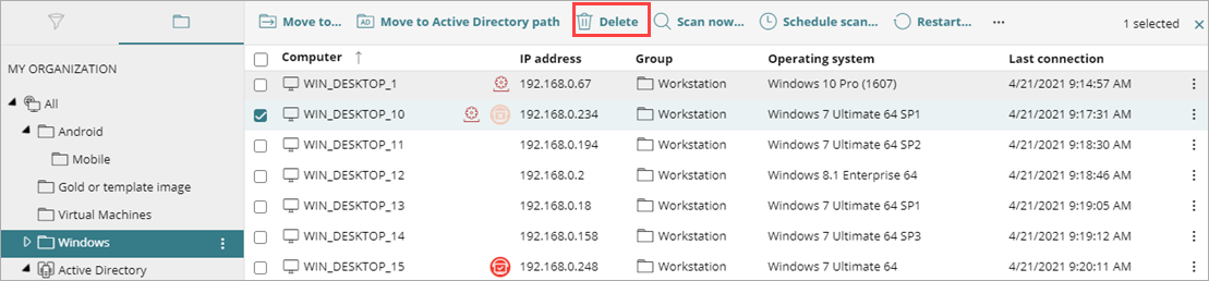 Screen shot of WatchGuard Endpoint Security, Delete computer from list