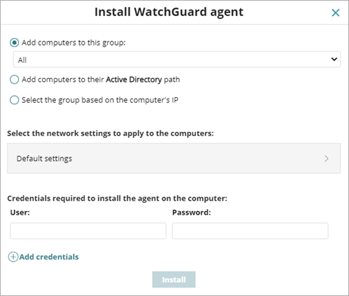 Screen shot of WatchGuard Endpoint Security, Install WatchGuard Agent dialog box