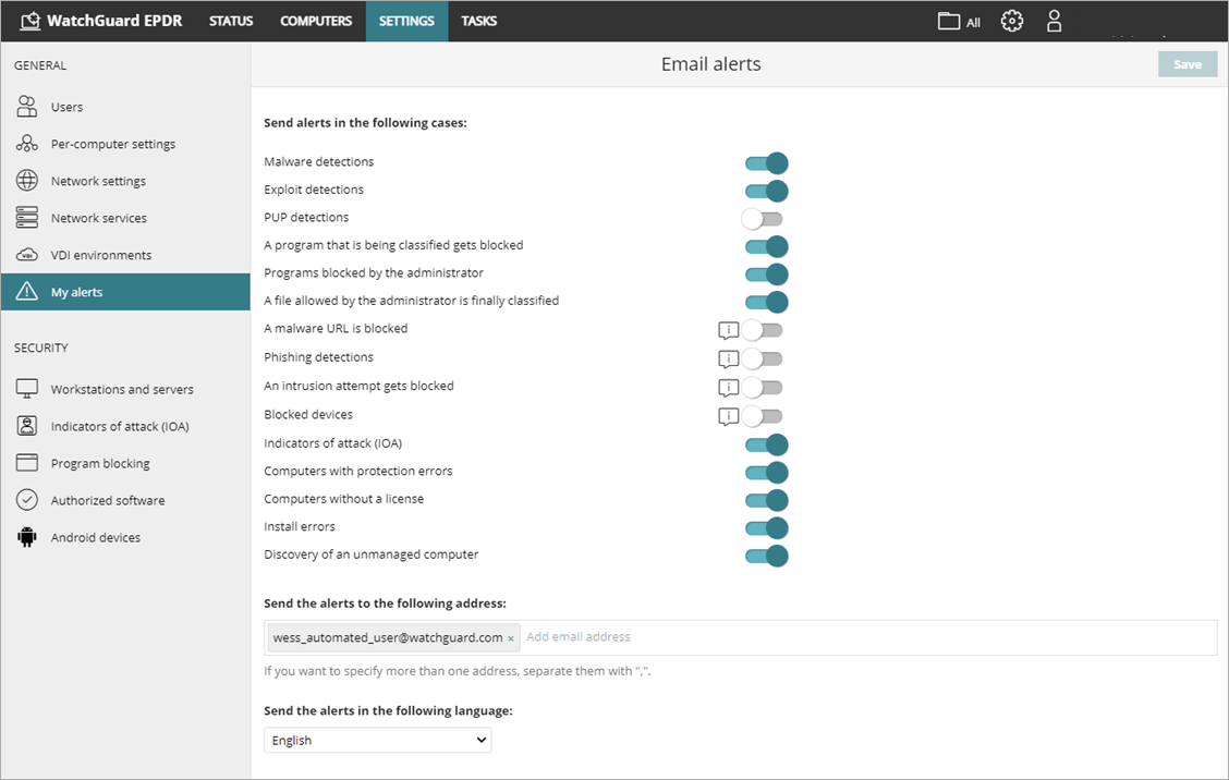 Screen shot of WatchGuard Endpoint Security, My Alerts page