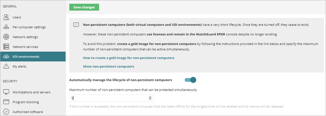 Screen shot of WatchGuard Endpoint Security, Maximum number of non-persistent computers