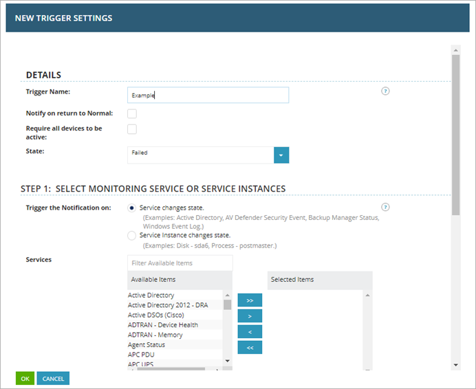 Screen shot of N-Central, New Trigger Settings