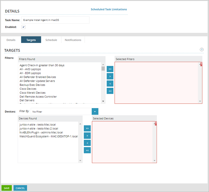 Screen shot of N-Central, Scheduled Task Limitations, Target