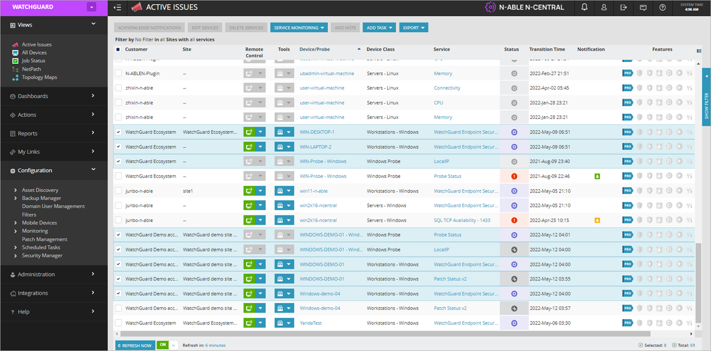 Screen shot of N-Central Active Issues page