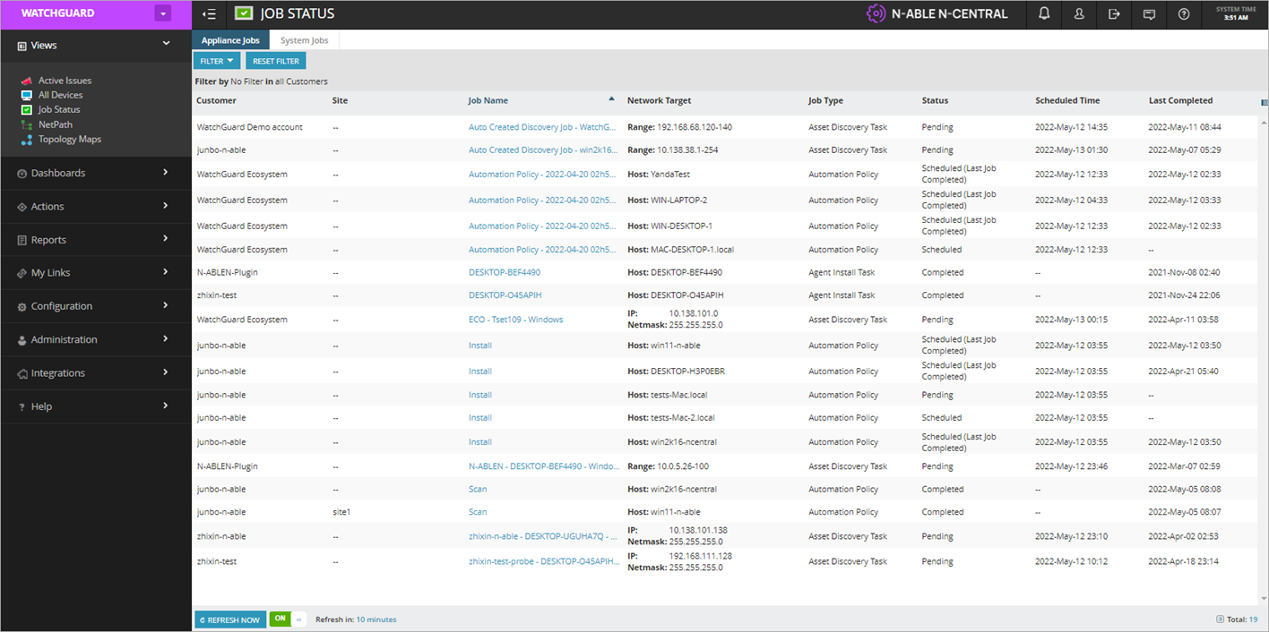 Screen shot of N-Central Job Status List