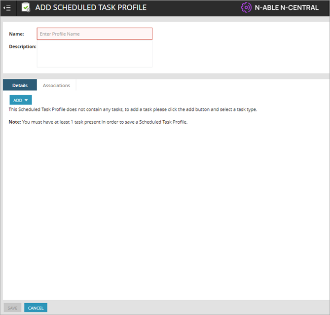 Screen shot of N-Central, Add Scheduled Task Profile