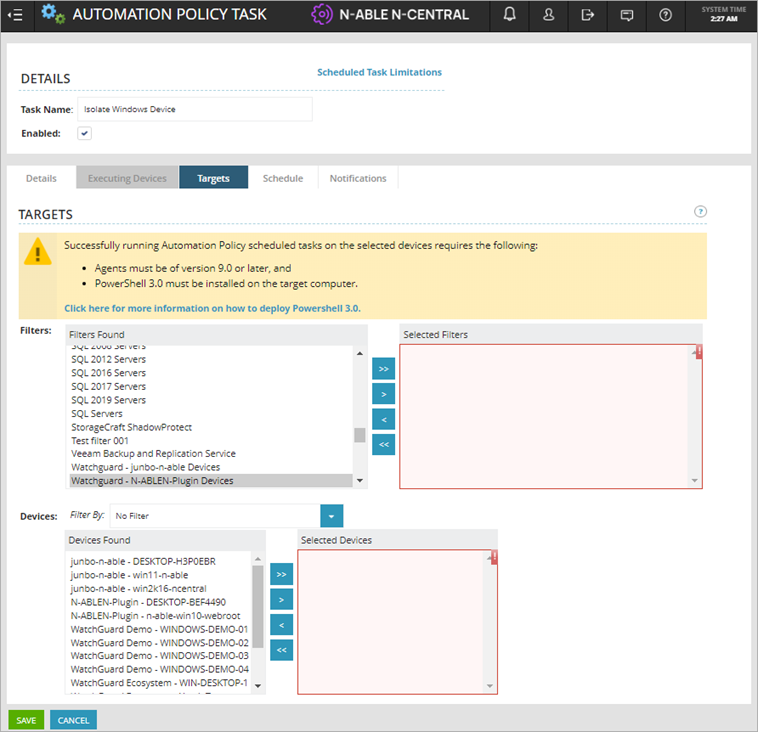 Screen shot of N-Central, Automation Policy Task, Target page