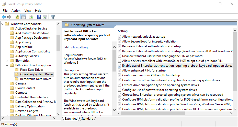 Screenshot of Policy Setting