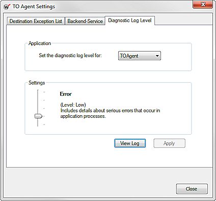 Screen shot of the Diagnostic Log Level tab