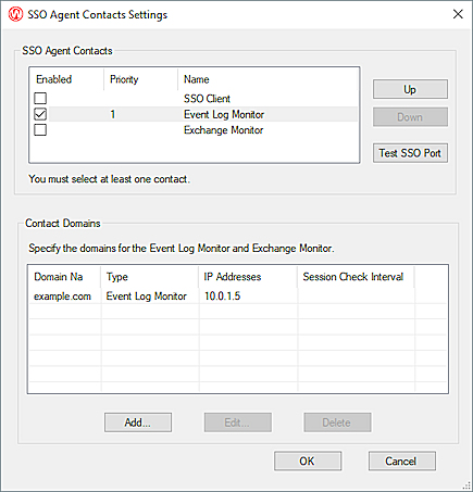 Screen shot of the SSO Agent Contacts Settings dialog box