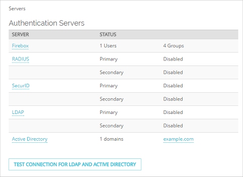 screenshot of the Authentication Servers dialog box, with the Firebox tab selected