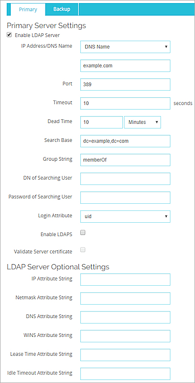 Screen shot of the Authentication Servers page, with the LDAP tab selected