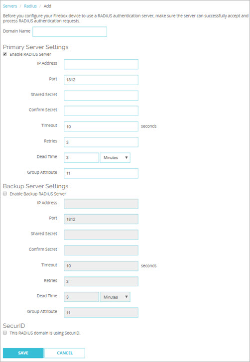 Screen shot of the RADIUS server settings