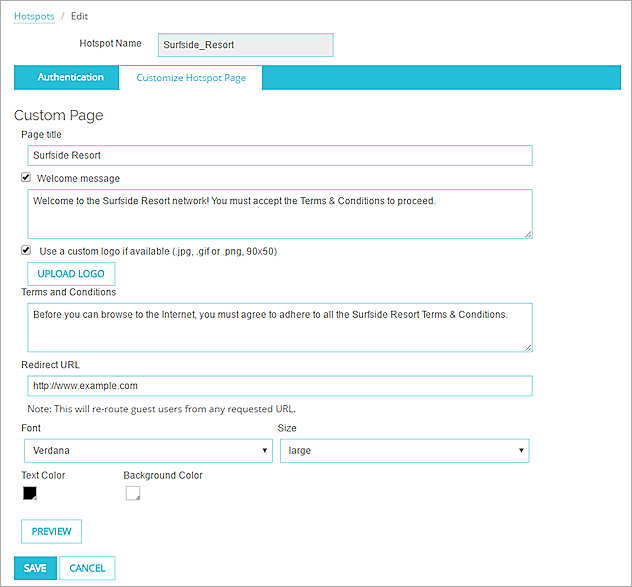 Screen shot of the Customize Hotspot Page settings