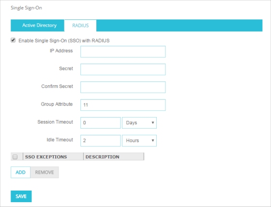 Screen shot of the RADIUS Single Sign-On settings in Fireware Web UI