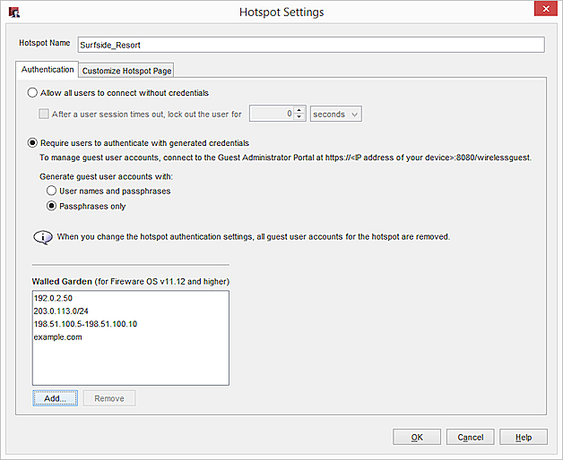 Screen shot of populated Authentication Exceptions list