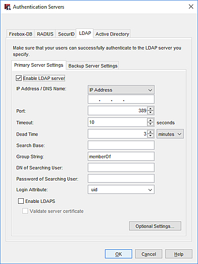 Screen shot of the Authentication Servers dialog box, with the LDAP tab selected