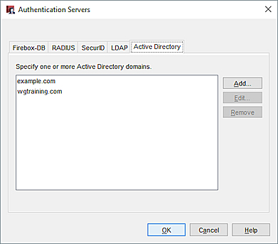 Screenshot of the Authentication Servers dialog box, Active Directory tab