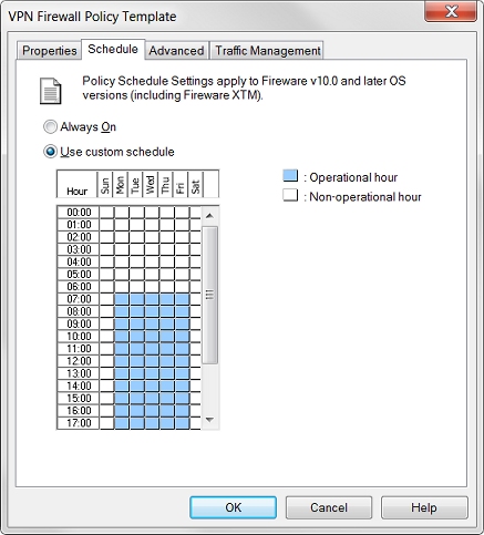 Screen shot of the VPN Firewall Policy Template dialog box - Schedule tab