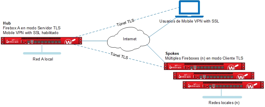 Dibujo de topología para la opción 1 de la configuración admitida de BOVPN over TLS