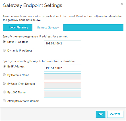 Screen shot of the Gateway Endpoint Settings dialog box, Remote Gateway tab