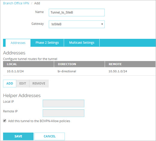 Screen shot of the Tunnel settings page with addresses