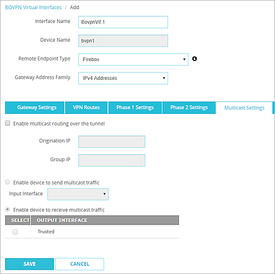 Screen shot of the BOVPN Virtual Interfaces page, Multicast Settings tab