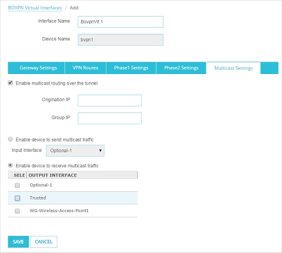 Screen shot of the BOVPN Virtual Interfaces page, Multicast Settings tab