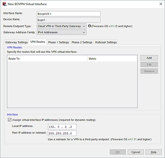 Screen shot of the BOVPN virtual interface, VPN Routes tab