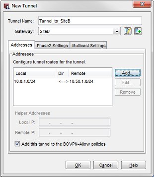 Screen shot of the New Tunnel dialog box for tunnel to Site B