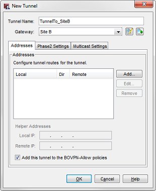Screen shot of New Tunnel dialog box with tunnel name TunnelTo-SiteB