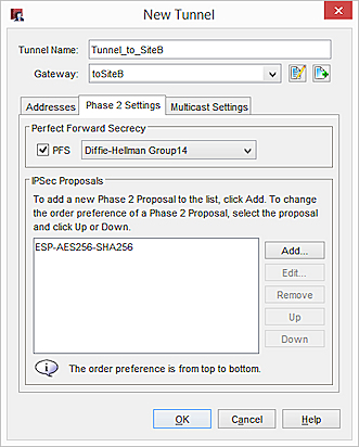 Screen shot of the New Tunnel, Phase 2 Settings for Site A