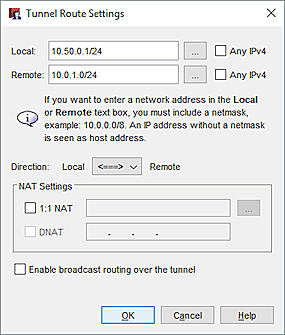 Screen shot of the Tunnel Route Settings dialog box