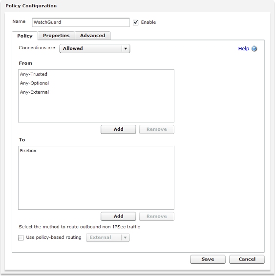 Screen shot of the Policy Configuration page, WatchGuard policy