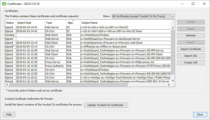 Screen shot of the Certificates dialog box