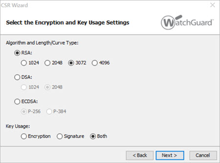 Pantalla Certificate Request Wizard, especificar algoritmo, extensión de clave y uso de clave