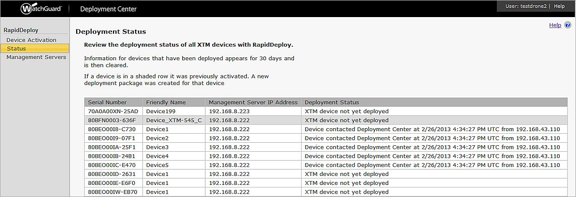 Screen shot of the Deployment Status page, Deployed XTM Devices list