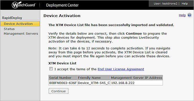 Screen shot of the Device Activation page after a the Device List was successfully imported