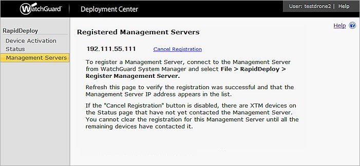 Screen shot of the Registered Mangement Servers page