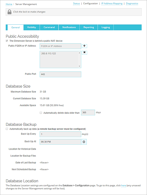 Screen shot of the Server Management > Configuration > General page