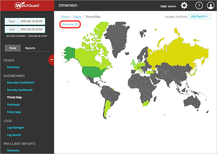 Screen shot of the Threat Map with the Unknown link