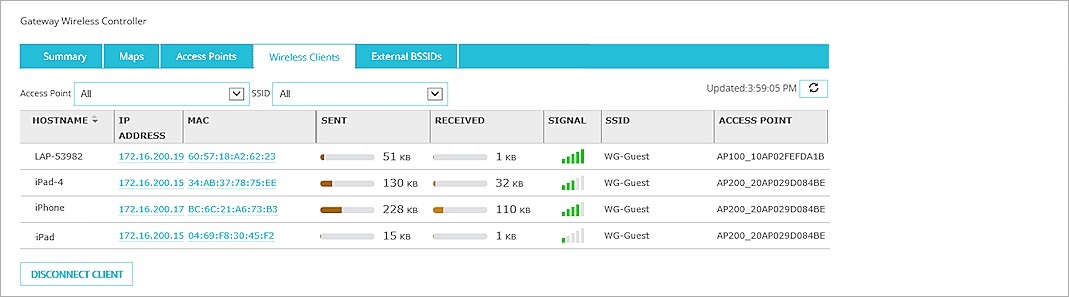 Screen shot of Gateway Wireless Controller Dashboard - Wireless Clients tab