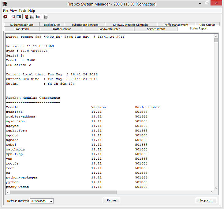 Screen shot of the Firebox System Manager Status Report