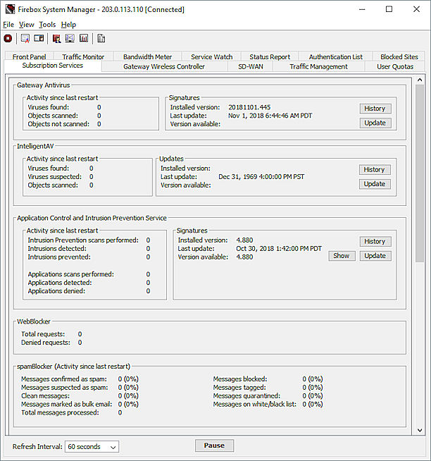 Pestaña de Servicios de Suscripción de Firebox System Manager