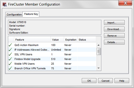 Screenshot of the FireCluster Member Configuration dialog box, Feature Key tab