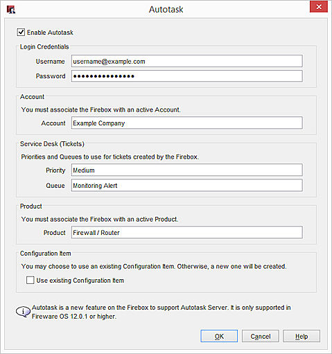 Screen shot of Autotask setup dialog box