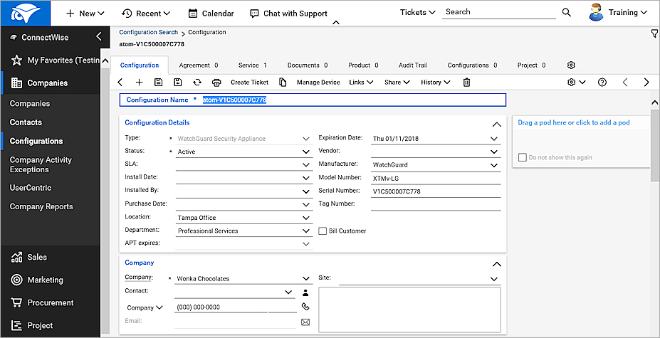 Screen shot of ConnectWise Configuration Details page